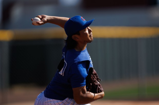 Chicago Cubs pitcher Shota Imanaga throws during spring training at Sloan Park on Tuesday, Feb. 17, 2026, in Mesa, Ariz. (Armando L. Sanchez/Chicago Tribune)