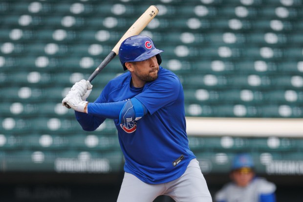 Dylan Carlson stands at the plate during live batting practice during spring training at Sloan Park on Wednesday, Feb. 18, 2026, in Mesa, Ariz. (Armando L. Sanchez/Chicago Tribune)
