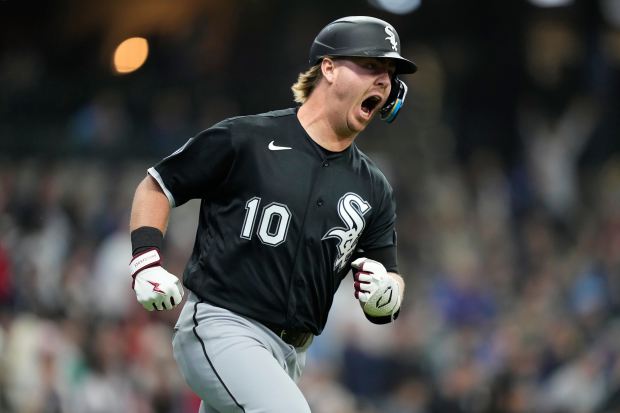 White Sox second baseman Chase Meidroth reacts after hitting a home run in the first inning of an opening-day game against the Brewers on Thursday, March 26, 2026, in Milwaukee. (AP Photo/Kayla Wolf)