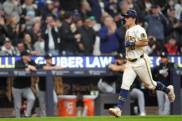 Sal Frelick of the Brewers runs the bases after hitting a two-run home run against the White Sox in the fifth inning on opening day at American Family Field on Thursday, March 26, 2026, in Milwaukee. (Patrick McDermott/Getty Images)
