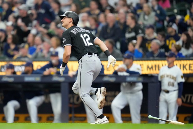 Colson Montgomery #12 of the Chicago White Sox hits a grand slam in the first inning against the Milwaukee Brewers at American Family Field on March 29, 2026 in Milwaukee, Wisconsin. (Photo by John Fisher/Getty Images)