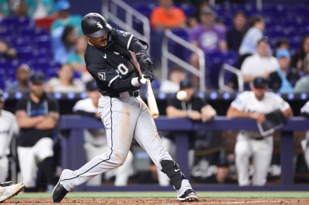 Miguel Vargas #20 of the Chicago White Sox hits a grand slam against the Miami Marlins in the fourth inning of the game at loanDepot park on March 30, 2026 in Miami, Florida. (Photo by Megan Briggs/Getty Images)