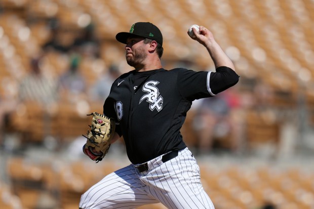 Chicago White Sox pitcher Anthony Kay throws against the Athletics during the second inning of a spring training baseball game, Tuesday, March 17, 2026, in Glendale, Ariz. (AP Photo/Ross D. Franklin)