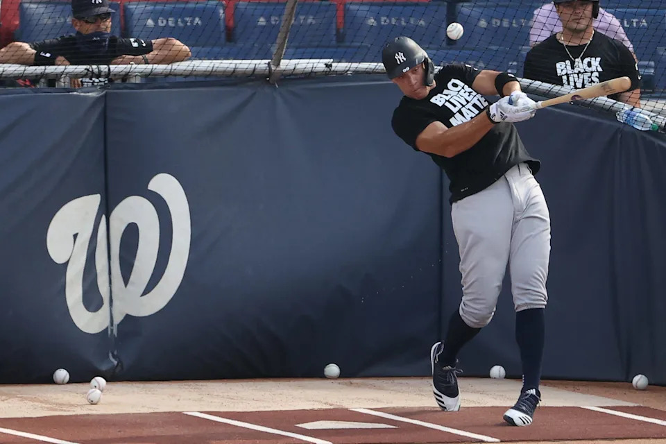 New York Yankees right fielder Aaron Judge takes batting practice.