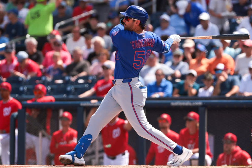 Mike Tauchman connects on a double during the Mets’ 7-4 Grapefruit League loss to the Nationals on March 5, 2026. IMAGN IMAGES via Reuters Connect