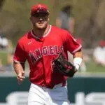 Los Angeles Angels right fielder Mike Trout (27) runs from the outfield against the San Diego Padres in the first inning at Tempe Diablo Stadium.