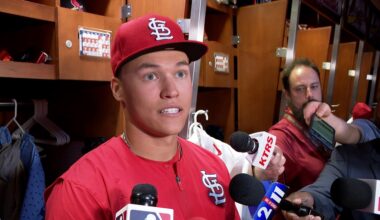 St. Louis Cardinals second baseman JJ Wetherholt talks with media after Opening Day win over Rays