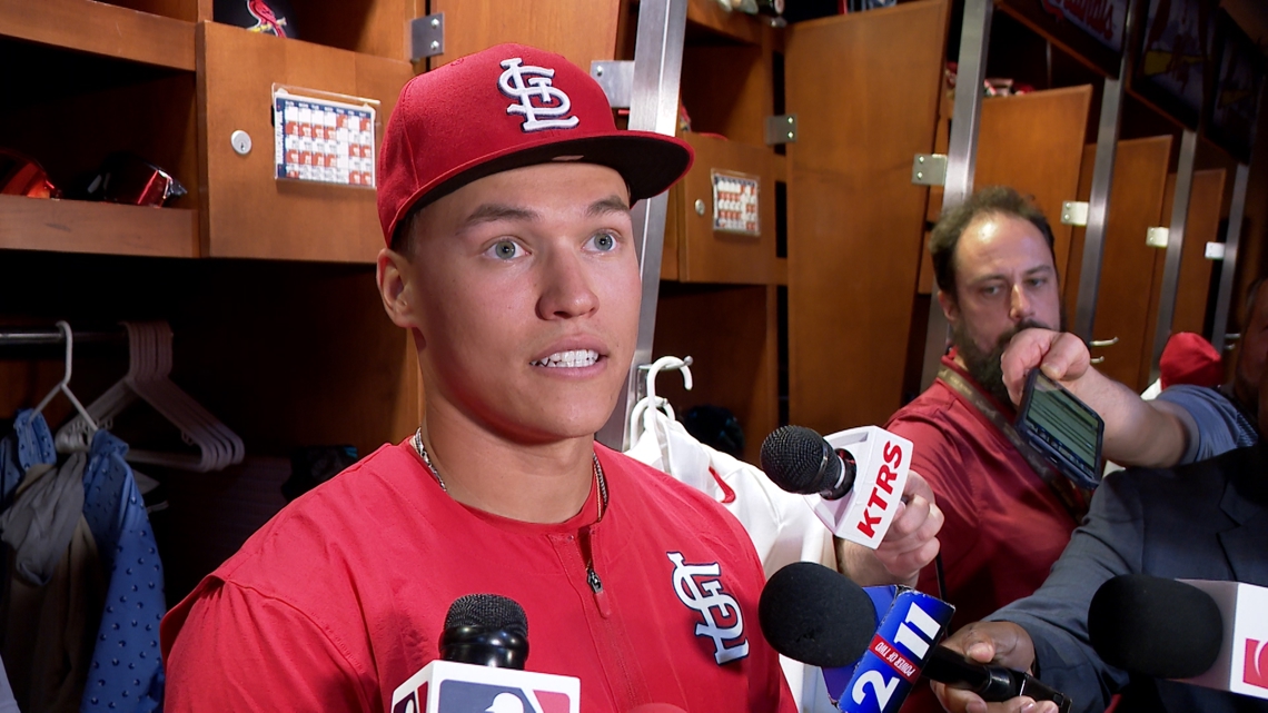 St. Louis Cardinals second baseman JJ Wetherholt talks with media after Opening Day win over Rays