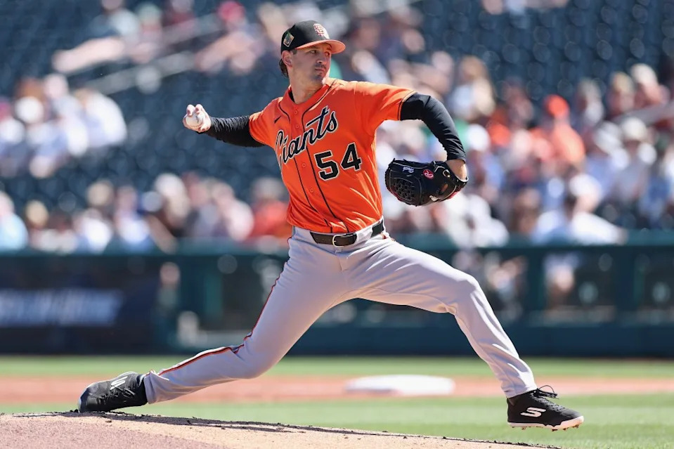 Starting pitcher Tyler Mahle of the San Francisco Giants pitches against the Kansas City Royals. Getty Images