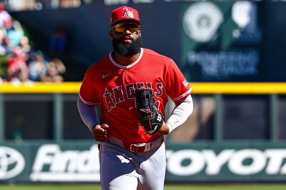 Los Angeles Angels OF Jo Adell (7) jogs towards the dugout at the end of an inning against the Athletics on Saturday March 7, 2026, in Las Vegas, Nevada. 