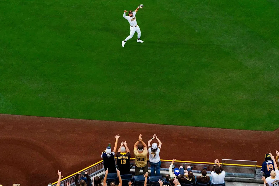San Diego Padres outfielder Fernando Tatis Jr. (23) waves to fans before an MLB game between the Detroit Tigers and the San Diego Padres, Friday March 27, 2026 at Petco Park in San Diego, Calif.