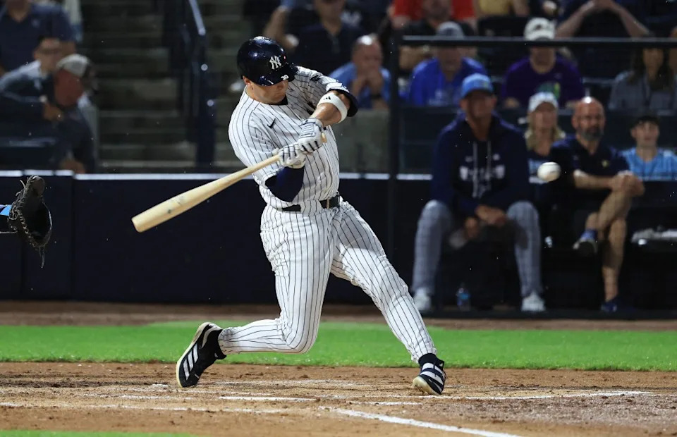 Max Schuemann swings during the Yankees-Rays spring training game on March 6, 2026. IMAGN IMAGES via Reuters Connect