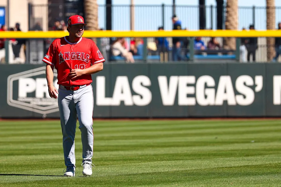 Los Angeles Angels INF Nolan Schanuel (18) warms up prior to an MLB Spring Training game against the Athletics on Saturday March 7, 2026, in Las Vegas, Nevada. 