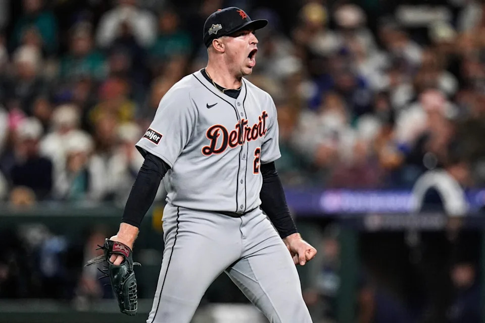 Tigers pitcher Tarik Skubal celebrates striking out Mariners catcher Cal Raleigh in the sixth inning of ALDS Game 5 at T-Mobile Park in Seattle on Friday, Oct. 10, 2025.