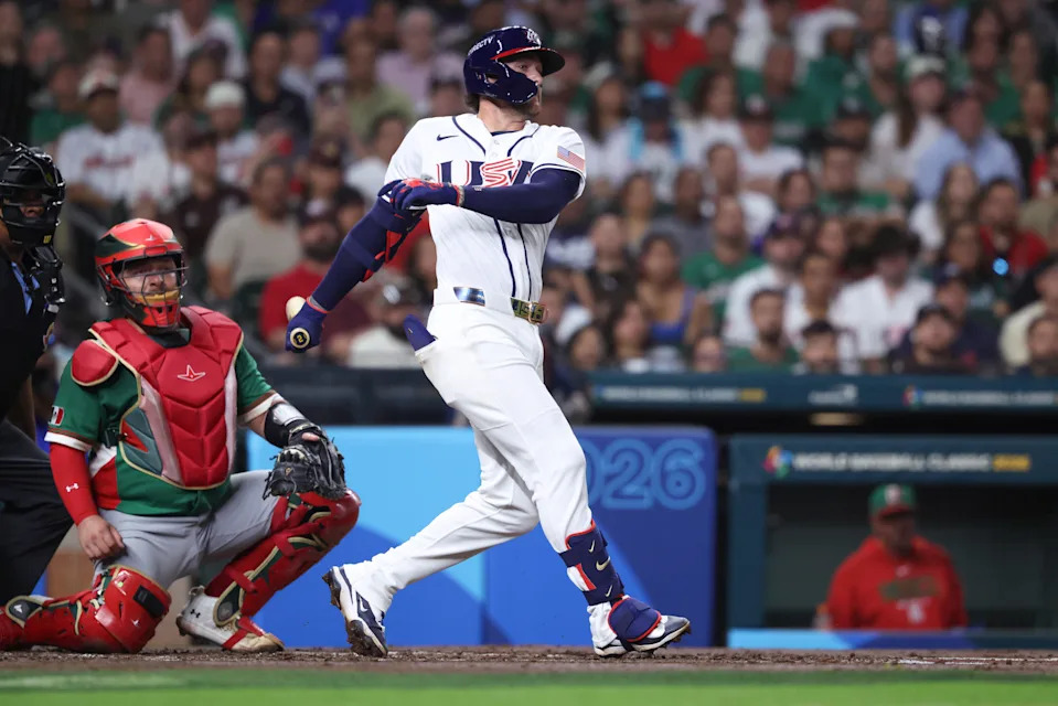 United States infielder Brice Turang (13) hits a double in the second inning against Mexico at Daikin Park.