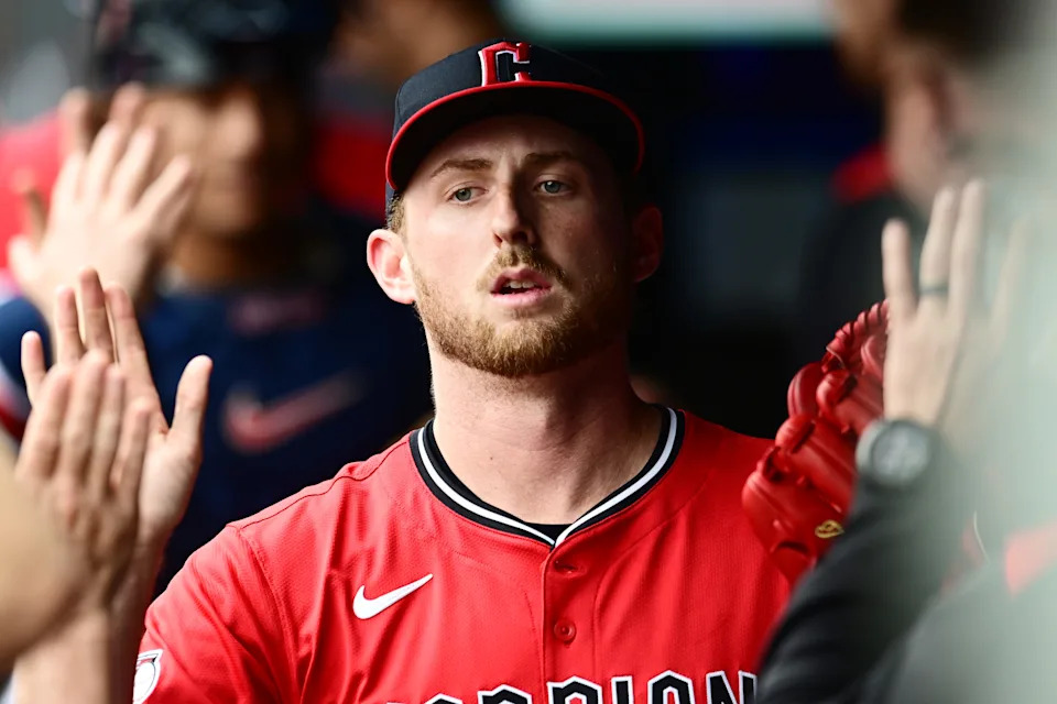 Jun 8, 2025; Cleveland, Ohio, USA; Cleveland Guardians starting pitcher Tanner Bibee (28) celebrates during the second inning against the Houston Astros at Progressive Field. Mandatory Credit: Ken Blaze-Imagn Images