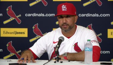 St. Louis Cardinals manager Oli Marmol talks with media after Opening Day win over Rays