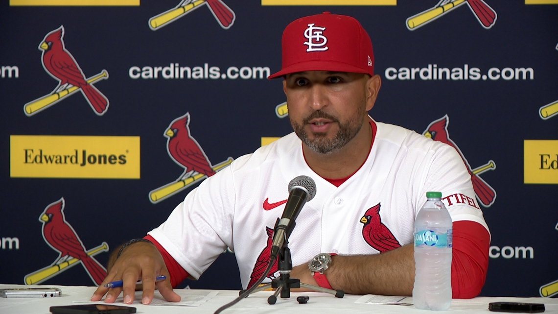 St. Louis Cardinals manager Oli Marmol talks with media after Opening Day win over Rays