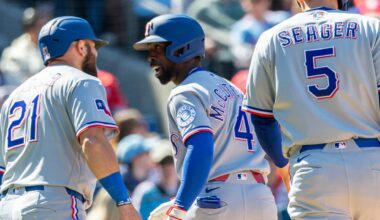 MacKenzie Gore strikes out 7 in his 1st start for Texas as the Rangers beat the Phillies 8-3