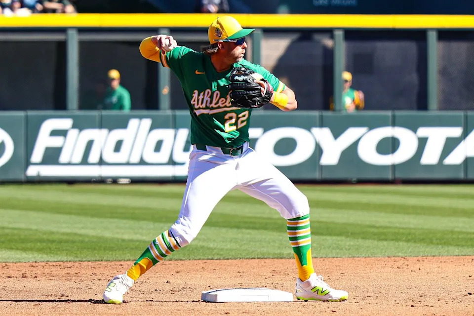 Athletics INF Jeff McNeil (22) turns a double play against the Los Angeles Angels on Saturday March 7, 2026, in Las Vegas, Nevada. 
