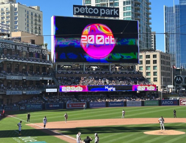 The Padres decibel meter pictured on the Petco Park video board in the eighth inning. (Kirk Kenney / San Diego Union-Tribune)