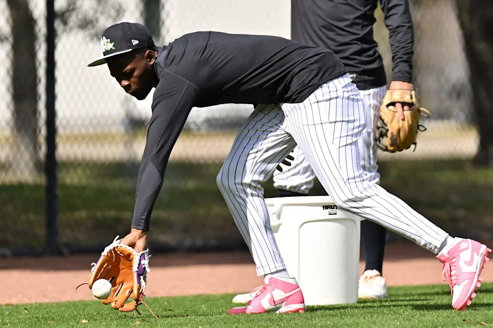 Feb 16, 2026; Tampa, FL, USA; New York Yankees infielder infielder Jazz Chisholm Jr. (13) fields a ground ball during spring training at George M. Steinbrenner Field. Mandatory Credit: Jonathan Dyer-Imagn Images