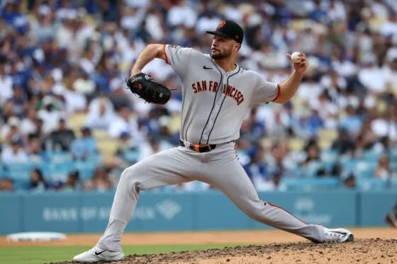 San Francisco Giants relief pitcher Joey Lucchesi (57) pitches during the ninth inning against the Los Angeles Dodgers at Dodger Stadium.
