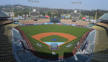 Oct 26, 2025; Los Angeles, California, USA; A general overall view of Dodger Stadium with the 2025 World Series logo on the field. Mandatory Credit: Kirby Lee-Imagn Images