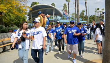 Mar 27, 2025; Los Angeles, California, USA; Fans enjoy food and sunshine prior to the game between the Los Angeles Dodgers and the Detroit Tigers at Dodger Stadium. Mandatory Credit: Jayne Kamin-Oncea-Imagn Images