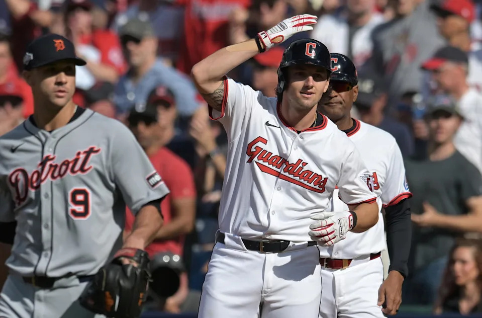 Oct 2, 2025; Cleveland, Ohio, USA; Cleveland Guardians outfielder Chase DeLauter (34) celebrates after a single for his first big league hit in the second inning against the Detroit Tigers during game three of the Wildcard round for the 2025 MLB playoffs at Progressive Field. Mandatory Credit: Ken Blaze-Imagn Images