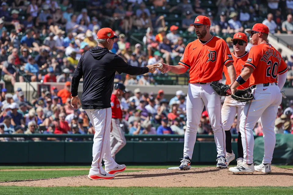 Detroit Tigers pitcher Justin Verlander (35) is relieved during the third inning against the Boston Red Sox at Publix Field at Joker Marchant Stadium in Lakeland, Florida, on Friday, March 6, 2026.