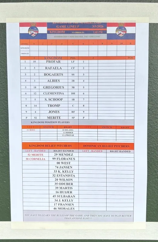 The Netherlands team lineup card is seen in the dugout at an exhibition game against the Baltimore Orioles in Sarasota, Florida, on March 3, 2026.Thomas Neumann / Athlon Sports