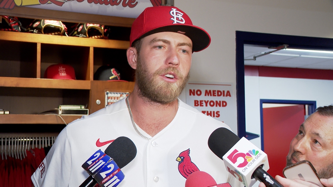 St. Louis Cardinals pitcher Matthew Liberatore talks with media after Opening Day win over Rays