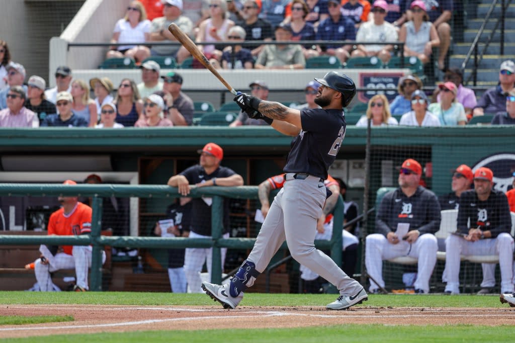 Jasson Dominguez belts a homer off Justin Verlander in the fourth inning of the Yankees’ spring training loss to the Tigers at Joker Marchant Stadium on March 12, 2026. Mike Watters-Imagn Images
