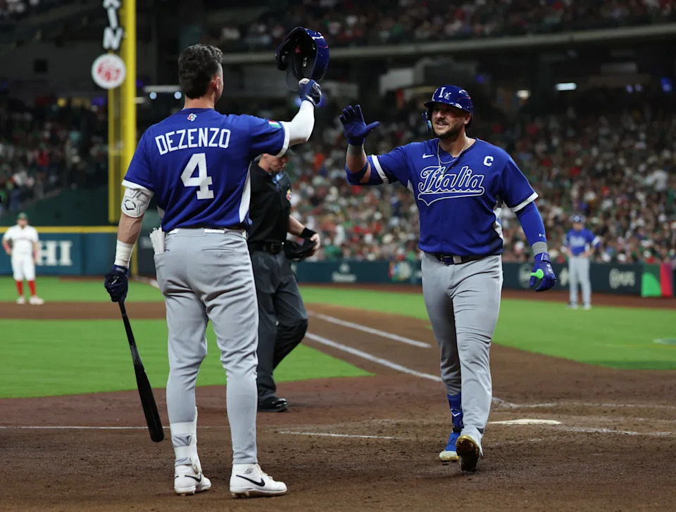 <p>Italy first baseman Vinnie Pasquantino (9) reacts after hitting a home run against Mexico in the sixth inning at Daikin Park. Mandatory Credit: Thomas Shea-Imagn Images</p>