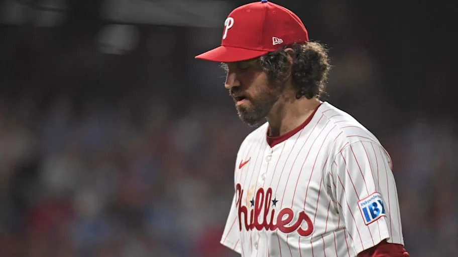 Philadelphia Phillies pitcher Jordan Romano walks off the field.