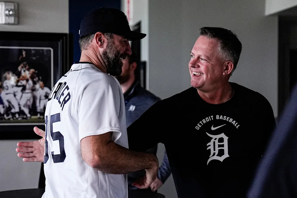 Detroit Tigers pitcher Justin Verlander, left, hugs manager A.J. Hinch after his introductory press conference at the 34 Club of Joker Marchant Stadium on Thursday, Feb. 12, 2026.