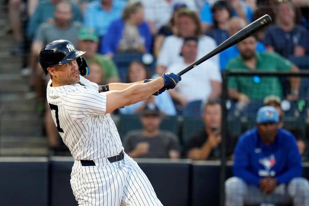 Giancarlo Stanton belts a two-run homer off Eric Lauer in the third inning of the Yankees’ 8-1 exhibition win over the Blue Jays. It was the first of two homers in the game for the veteran slugger. AP
