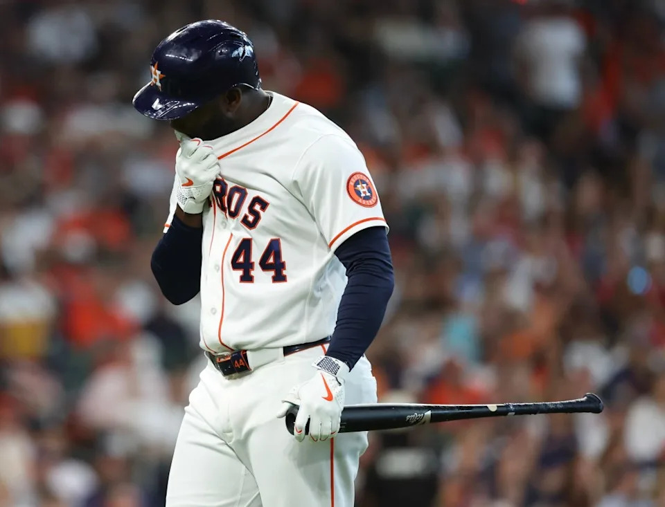 Houston Astros designated hitter Yordan Alvarez (44) reacts to his foul ball against the Los Angeles Angels in the first inning at Daikin Park. Thomas Shea-Imagn Images