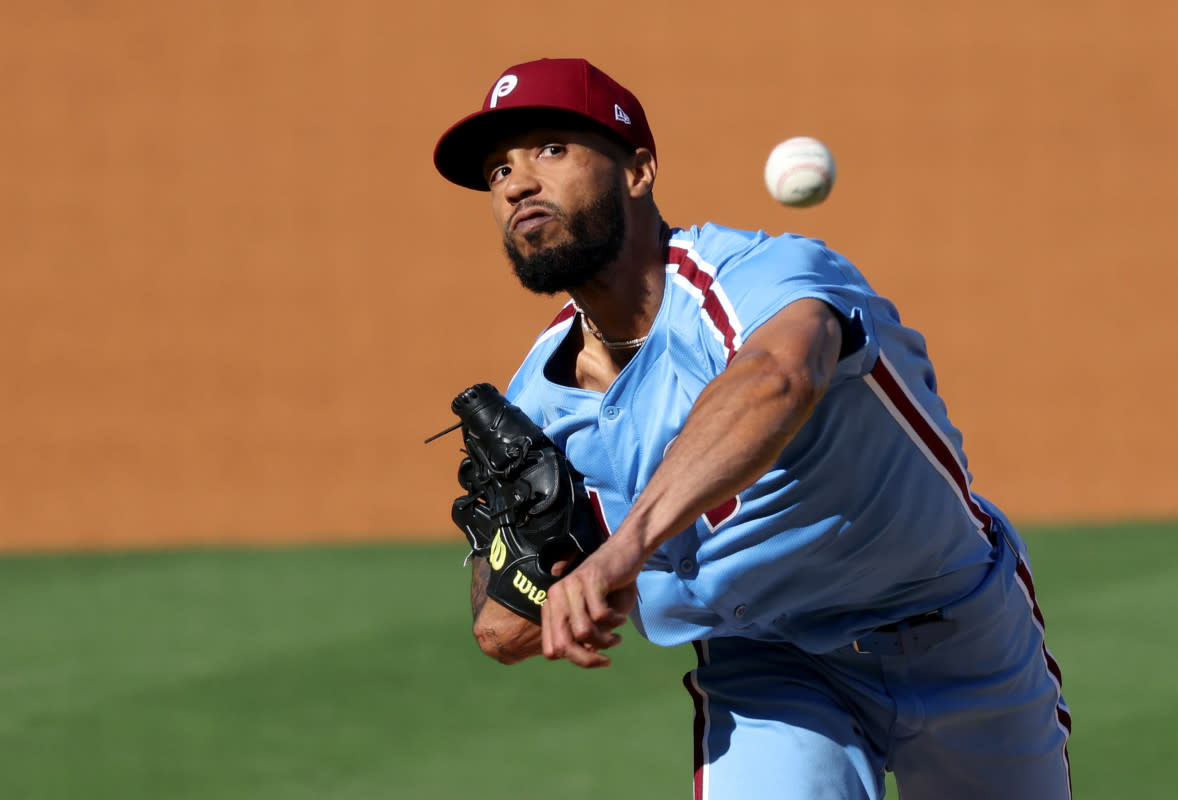 Philadelphia Phillies pitcher Cristopher Sanchez (61) throws during the 2025 MLB playoffs at Dodger Stadium.Kiyoshi Mio-Imagn Images