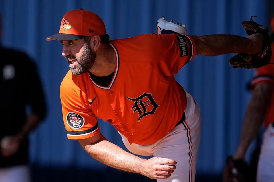 Detroit Tigers pitcher Justin Verlander works during workouts at spring training baseball, Friday, Feb. 20, 2026, in Lakeland. (AP Photo/Mike Stewart)