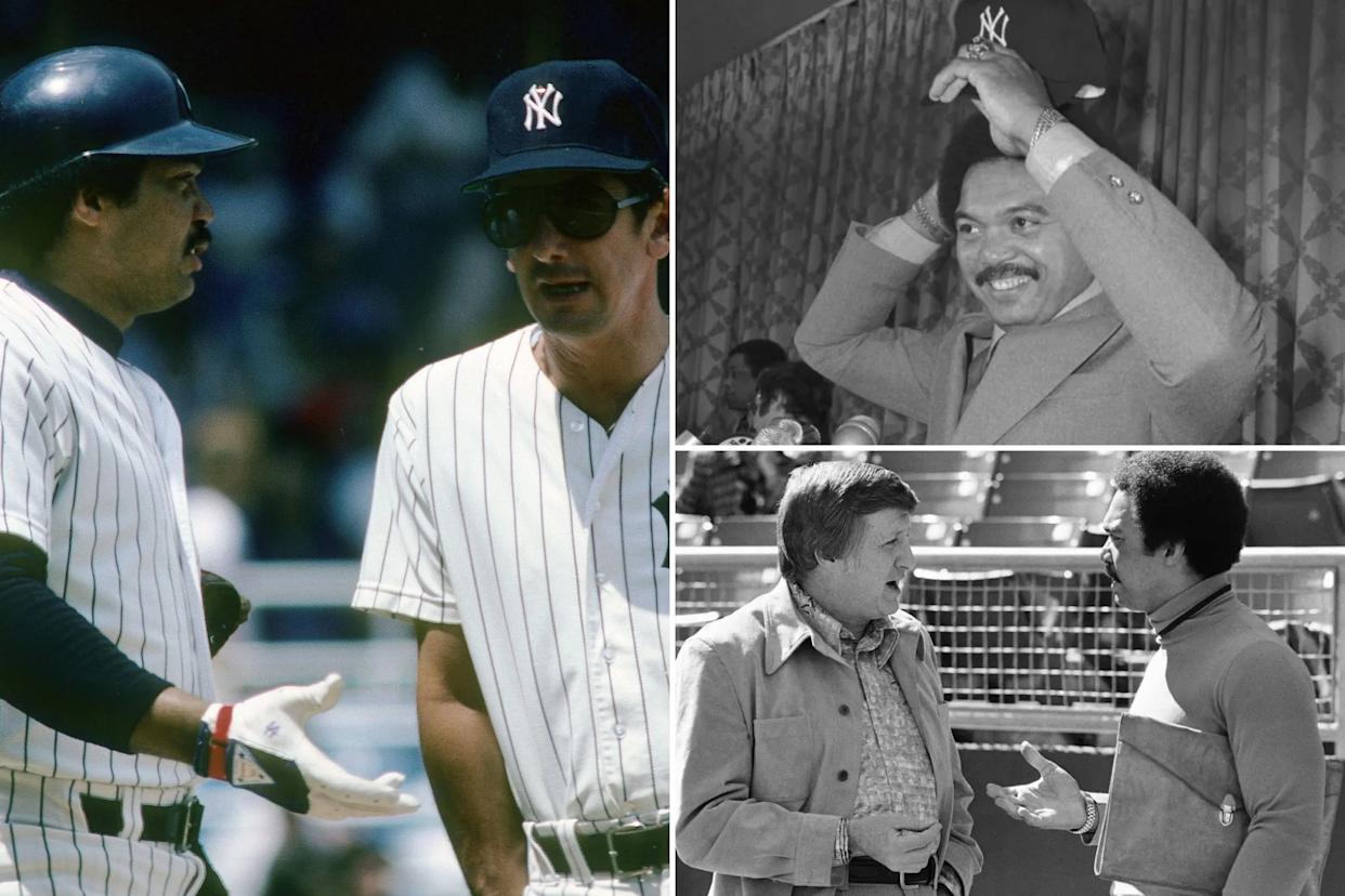 An image collage containing 3 images, Image 1 shows New York Yankees players, an athlete in a helmet and a coach in sunglasses, speaking on a baseball field, Image 2 shows Reggie Jackson smiling while putting on a Yankees hat, Image 3 shows George Steinbrenner, left, principal owner of the New York Yankees, chatting with Reggie Jackson at Royals Stadium in Kansas City