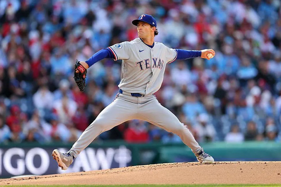 Texas Rangers pitcher Jacob Latz delivers in the first inning against the Philadelphia Phillies on Saturday at Citizens Bank Park in Philadelphia.