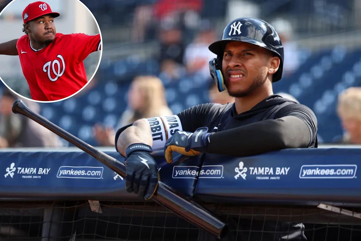 An image collage containing 2 images, Image 1 shows Jorbit Vivas during a Yankees exhibition game on Feb. 19, 2026, Image 2 shows Sean Paul Liñan pitches during the game between the Washington Nationals and the St. Louis Cardinals at Roger Dean Chevrolet Stadium on Thursday, March 19, 2026