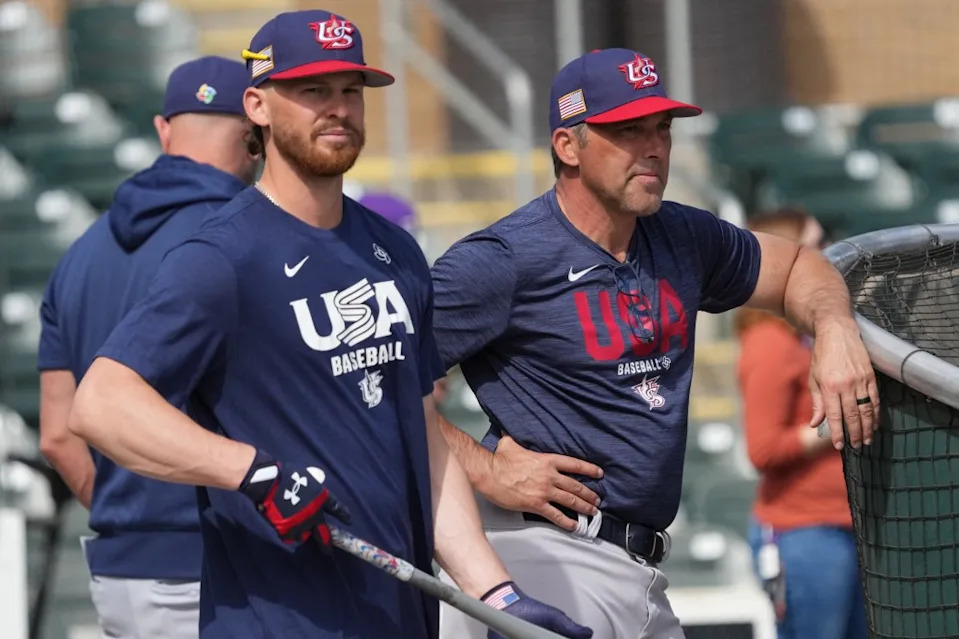 United States shortstop Bobby Witt Jr. (7) and Manager Mark DeRosa before a game against the Colorado Rockies at Salt River Fields. IMAGN IMAGES via Reuters Connect