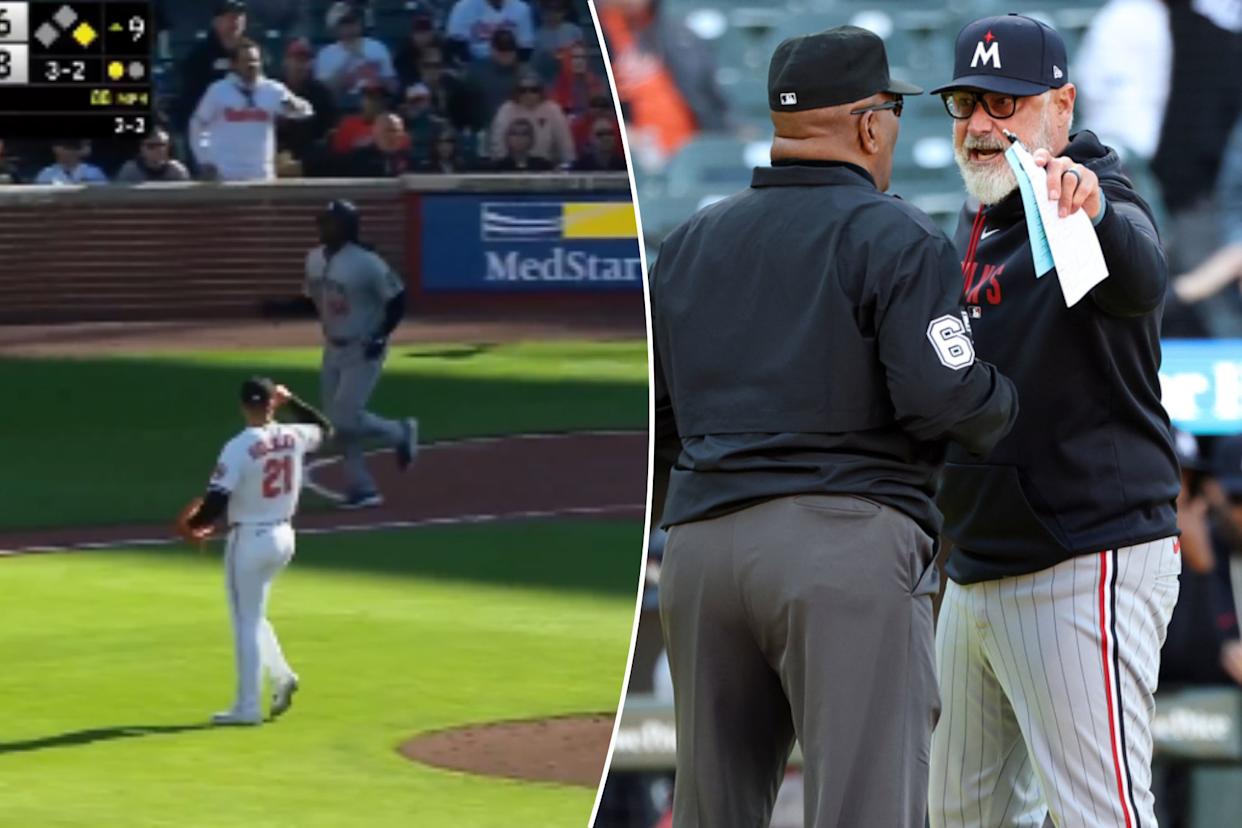 An image collage containing 2 images, Image 1 shows Orioles reliever Ryan Helsey taps his head to signal for the ABS challenge against the Twins on Sunday, Image 2 shows Minnesota Twins manager Derek Shelton argues a call with an umpire