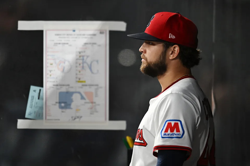 Guardians starter Slade Cecconi watches from the dugout during a game against the Kansas City Royals on Sept. 8, 2025, in Cleveland.