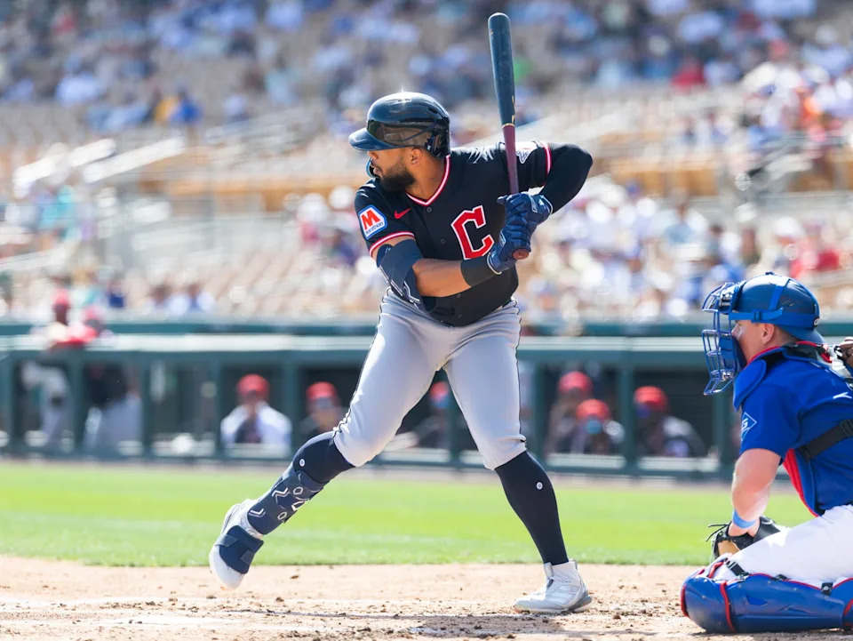 Feb 24, 2026; Phoenix, Arizona, USA; Cleveland Guardians outfielder George Valera against the Los Angeles Dodgers during a spring training game at Camelback Ranch-Glendale. Mandatory Credit: Mark J. Rebilas-Imagn Images