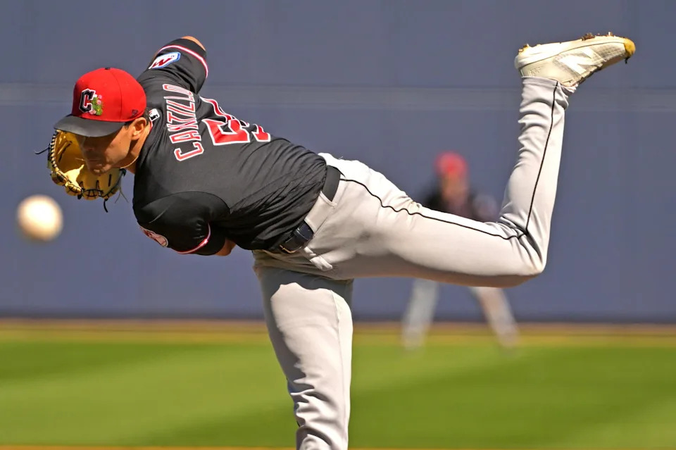 Feb 21, 2026; Phoenix, Arizona, USA; Cleveland Guardians pitcher Joey Cantillo (54) delivers to the plate in the first inning against the against the Milwaukee Brewers at American Family Fields of Phoenix. Mandatory Credit: Jayne Kamin-Oncea-Imagn Images