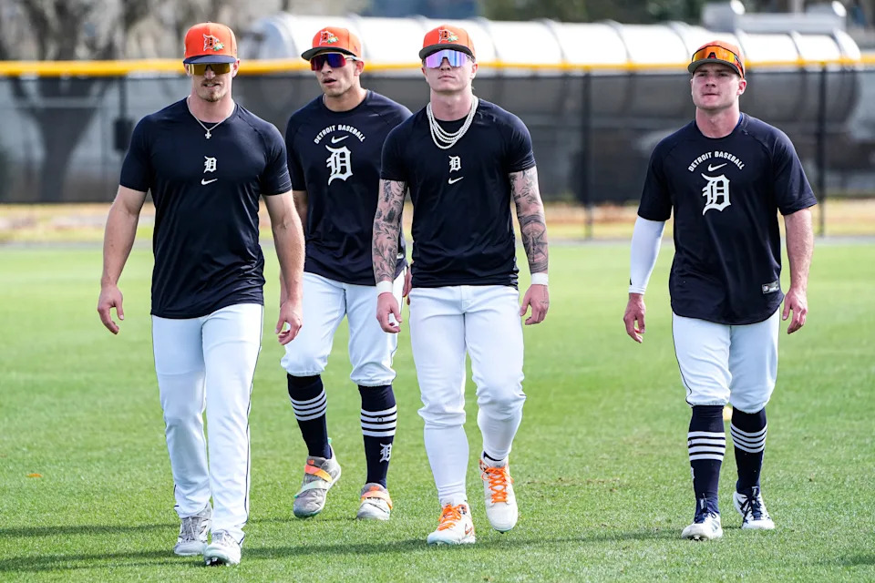 From left, Detroit Tigers outfielder Ben Malgeri, outfielder Trei Cruz, outfielder Max Clark and infielder Kevin McGonigle practice during spring training at TigerTown in Lakeland, Fla. on Monday, Feb. 16, 2026.